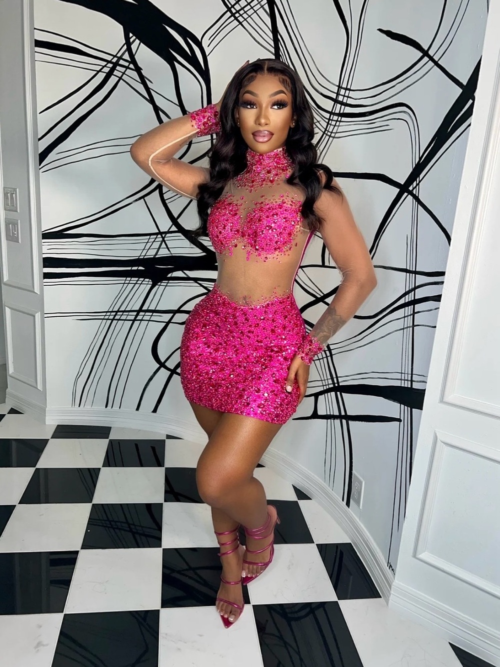 Women's Hot Pink Sequin Mini Dress - Statement Party Dress